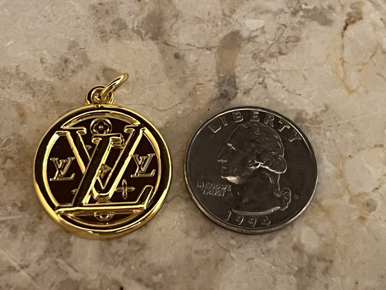 Louis Vuitton LV Gold Tone Round Pendant Charm Medallion Authentic