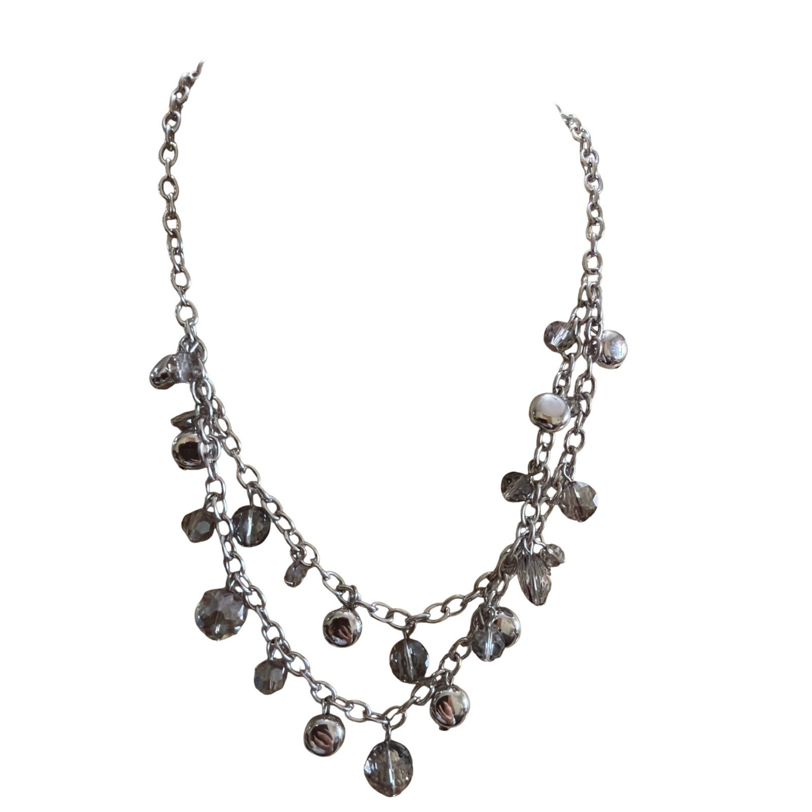 Silver Tone Double Layer Layered Necklace Smoke Gray Glass Bead Polished Spheres