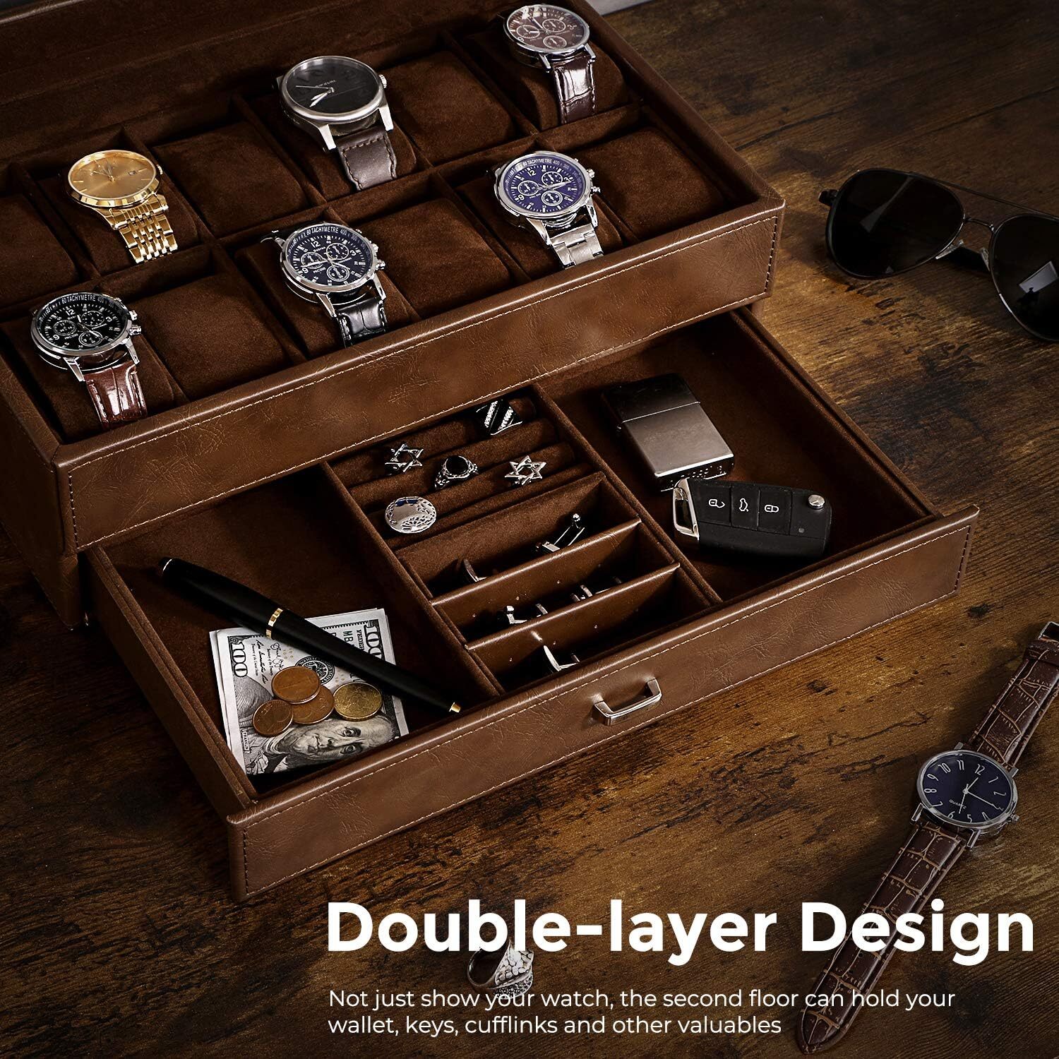 BEWISHOME Watch Box for Men Luxury Watch Organizer Faux Leather Watch Case with