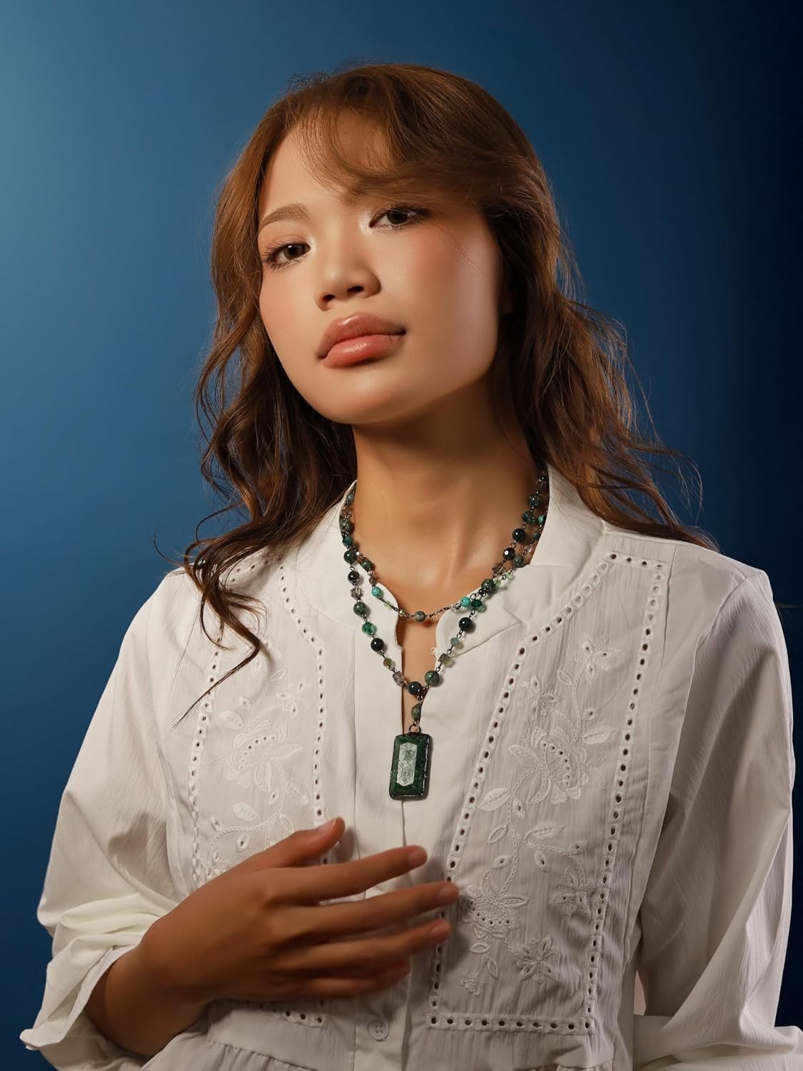 Handmade Boho Layered Necklace with Green Aventurine Pendant – Vintage Charm
