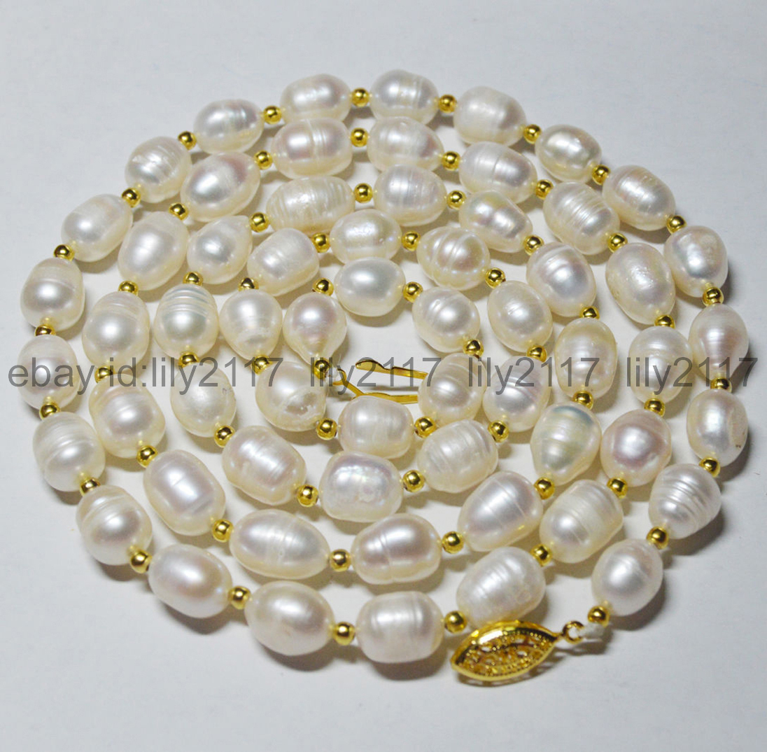Long 36 inches 7-8mm genuine natural white rice pearl necklaces 14KGP clasp