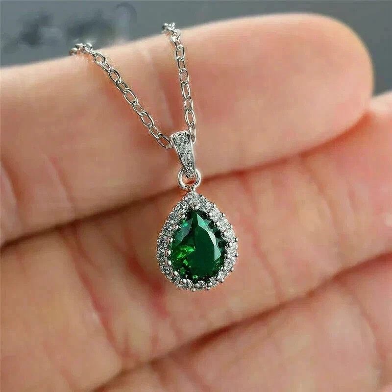 2.95 Ct Pear Cut Emerald Pendant Wedding Pendant 14k White Gold