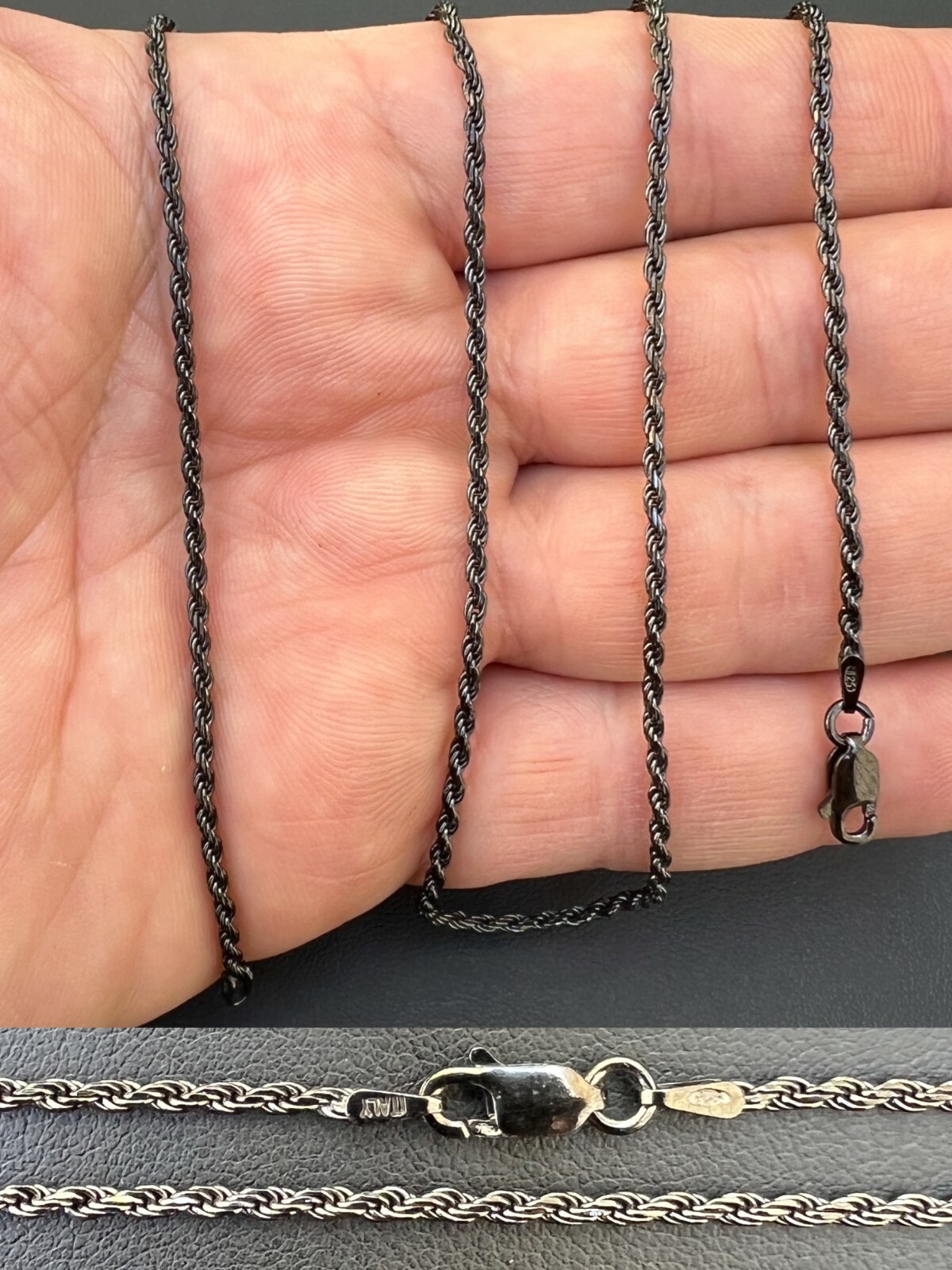 2mm Rope Chain Necklace Oxidized Black Rhodium Real 925 Sterling Silver 16-30″