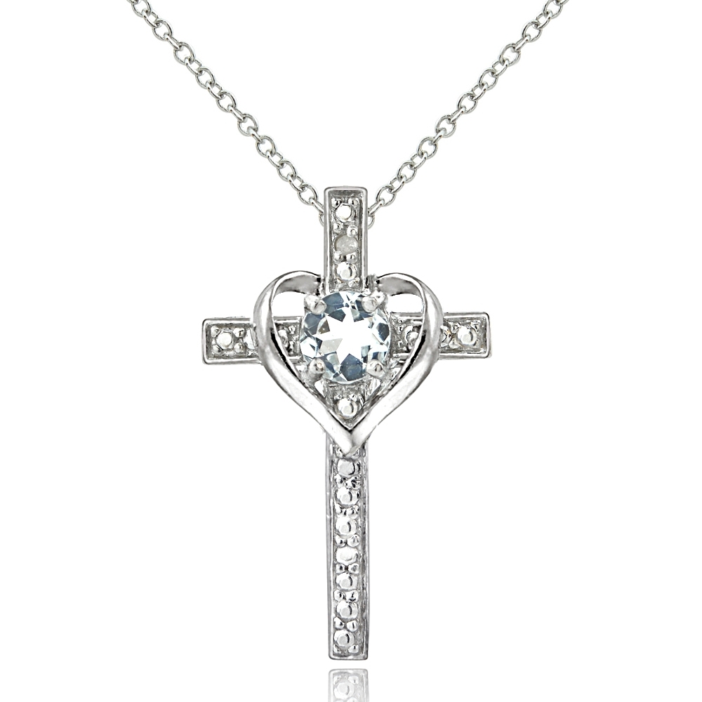 Sterling Silver Very Light Aquamarine & Diamond Accent Cross Heart Necklace