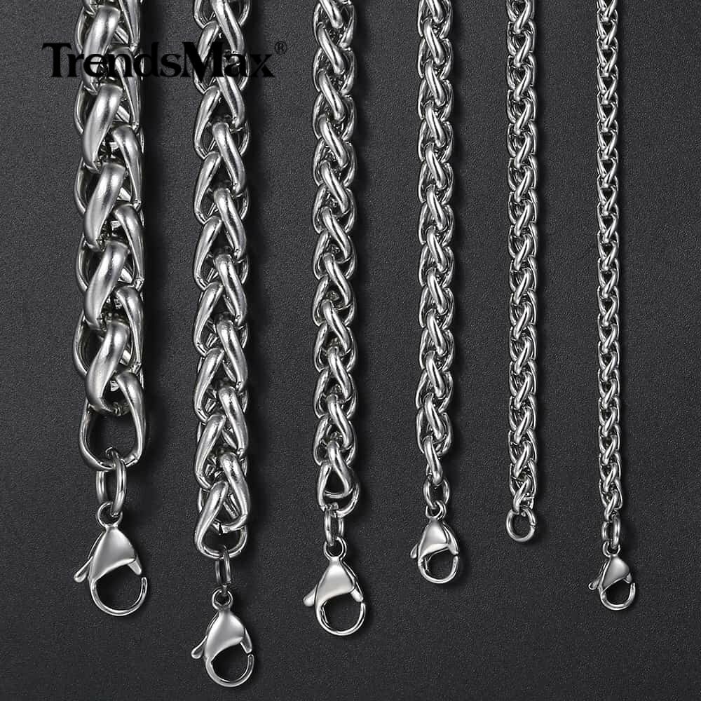 3/4/5MM Mens Silver Stainless Steel Necklace Wheat Braided Chain Link 18-28″