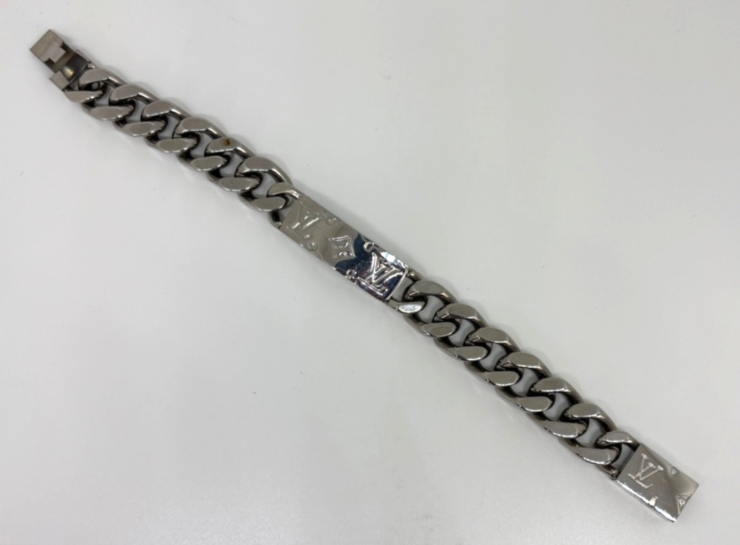 Authentic LOUIS VUITTON Silver Tone MONOGRAM CHAIN BRACELET M62486 w/ LV Box