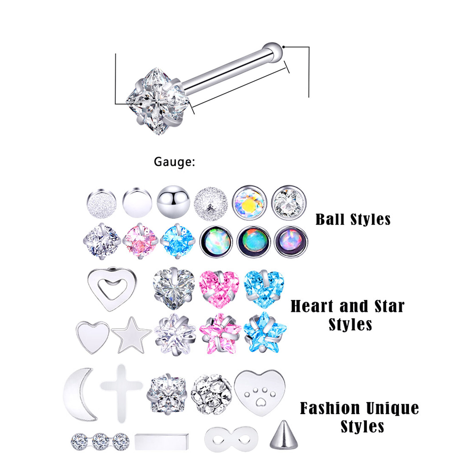 30PCS Nose Rings Bone Stud Pin CZ 20G 316L Stainless Steel Body Piercing Jewelry