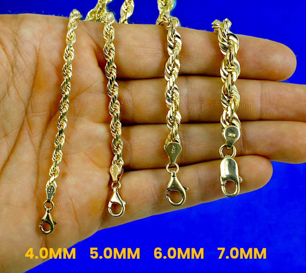10K Yellow Gold SOLID Rope Necklace Bracelet Chain Diamond Cut 1mm-10mm 7″-30″