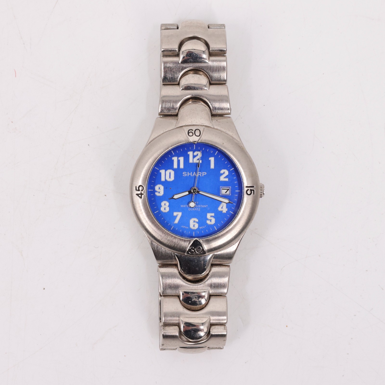 Sharp Blue Dial Quartz Watch 100FT Water Resist Silver Tone Band Battery 377