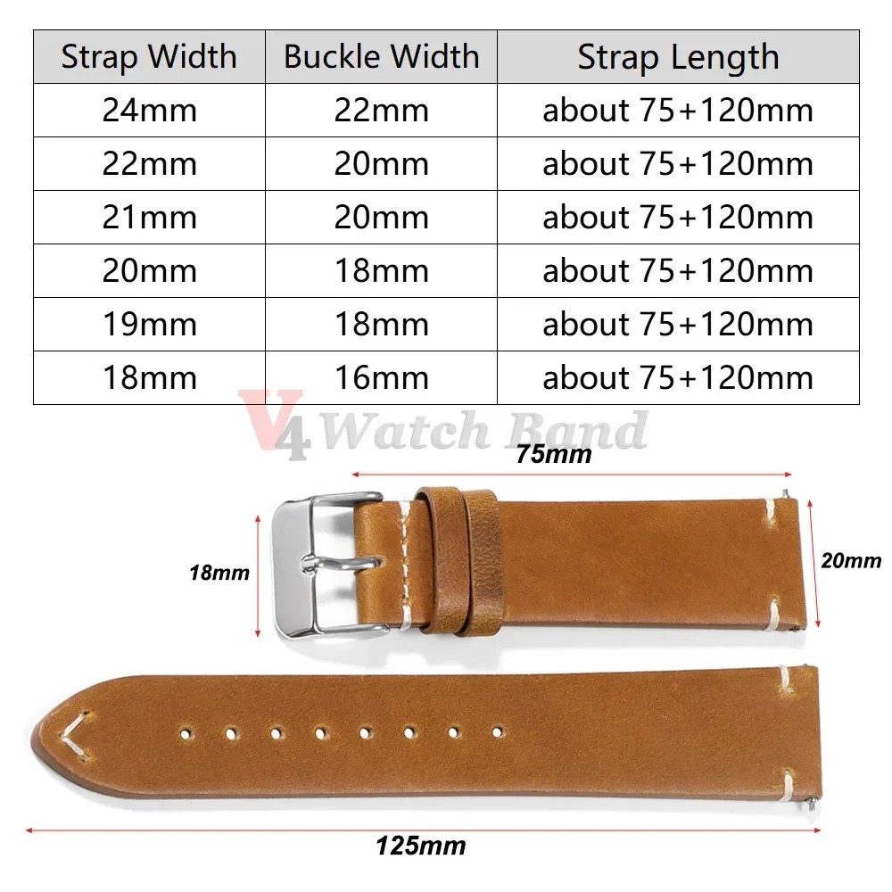 Vintage Leather Watch Band 18mm 20mm 22mm 24mm Universal Stitching Strap