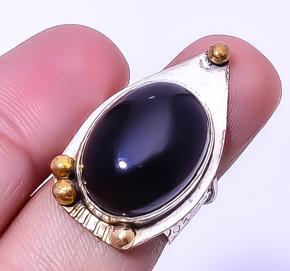 Black Onyx Gemstone Silver Handmade Two Tone Gold Plated Ring s.6 A377