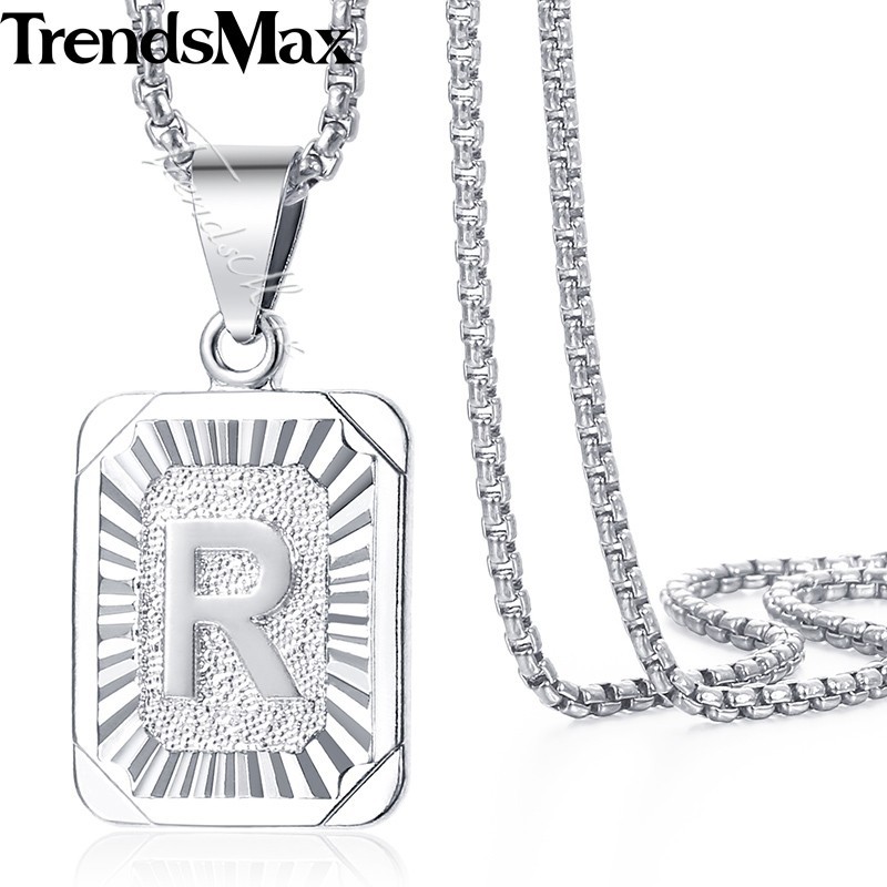 Silver 26 Letters Charm Pendant Necklace White Gold Plated Stainless Steel Chain