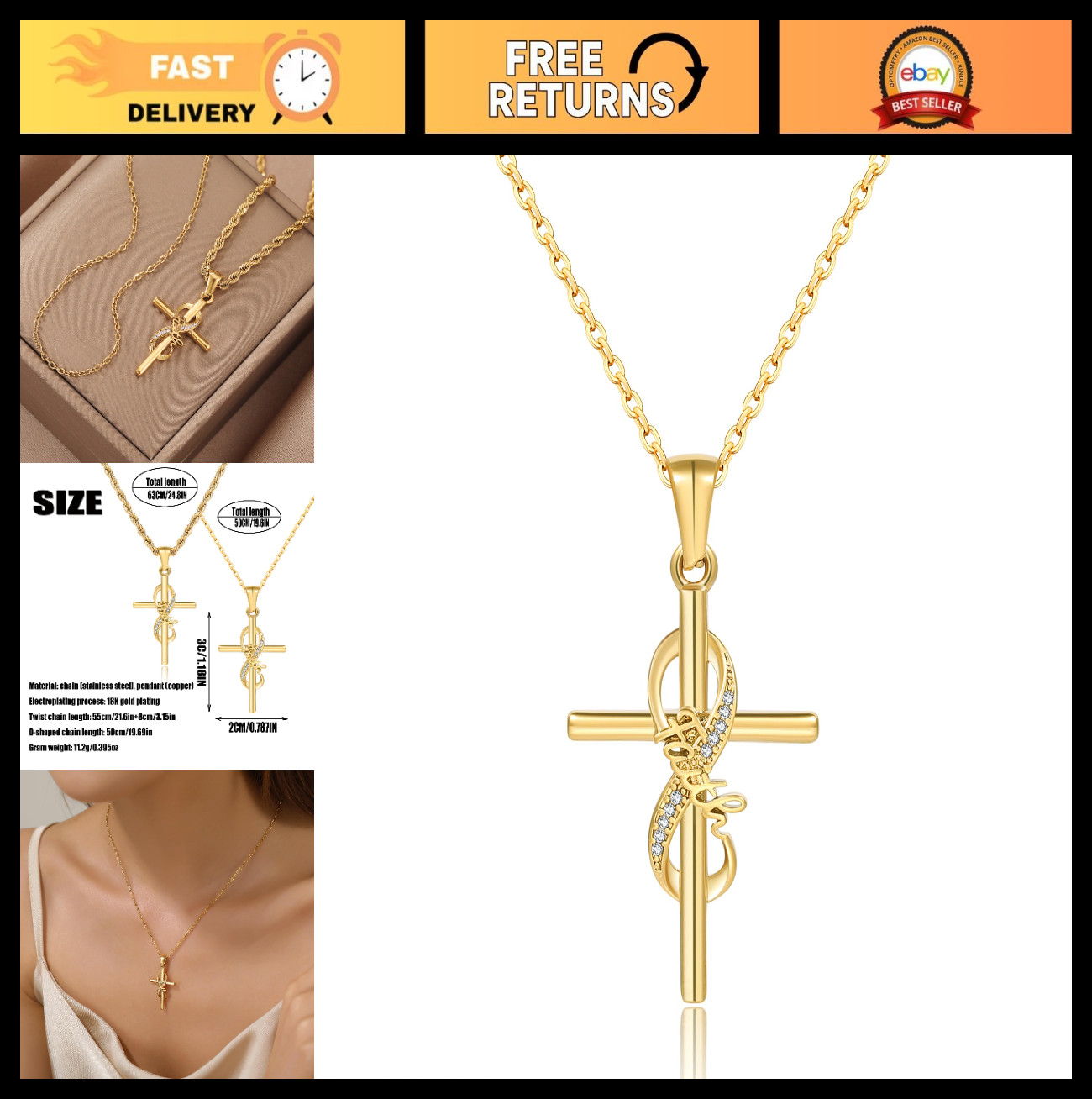 18K Gold Plated Cross Necklace for Women – Christian Bible Verse Pendant Jewelry