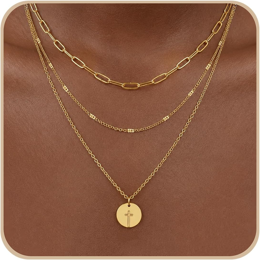 14K Gold Plated Layered Stack Chunky Coin Cross Necklace for Women