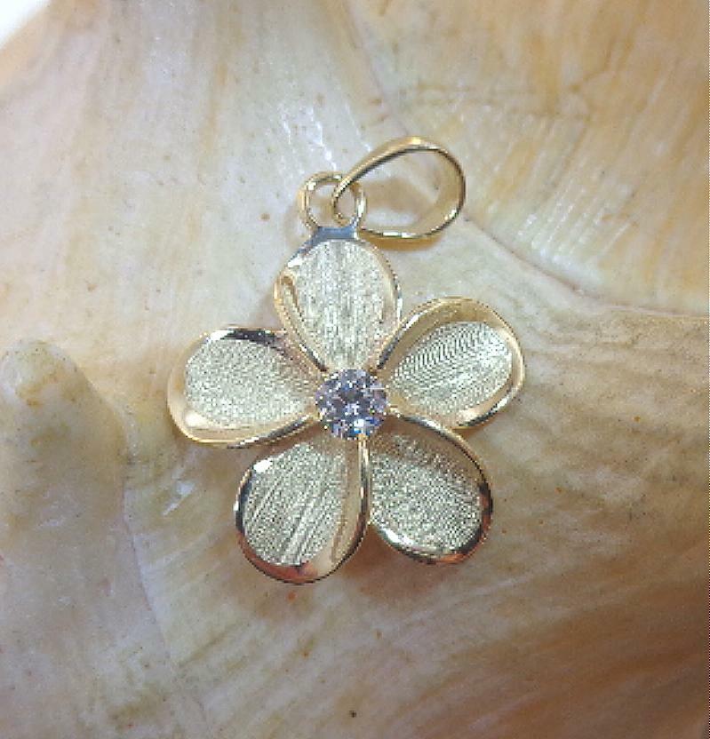 15.5MM SOLID 14K YELLOW GOLD BRUSHED SATIN HAWAIIAN PLUMERIA FLOWER CZ PENDANT