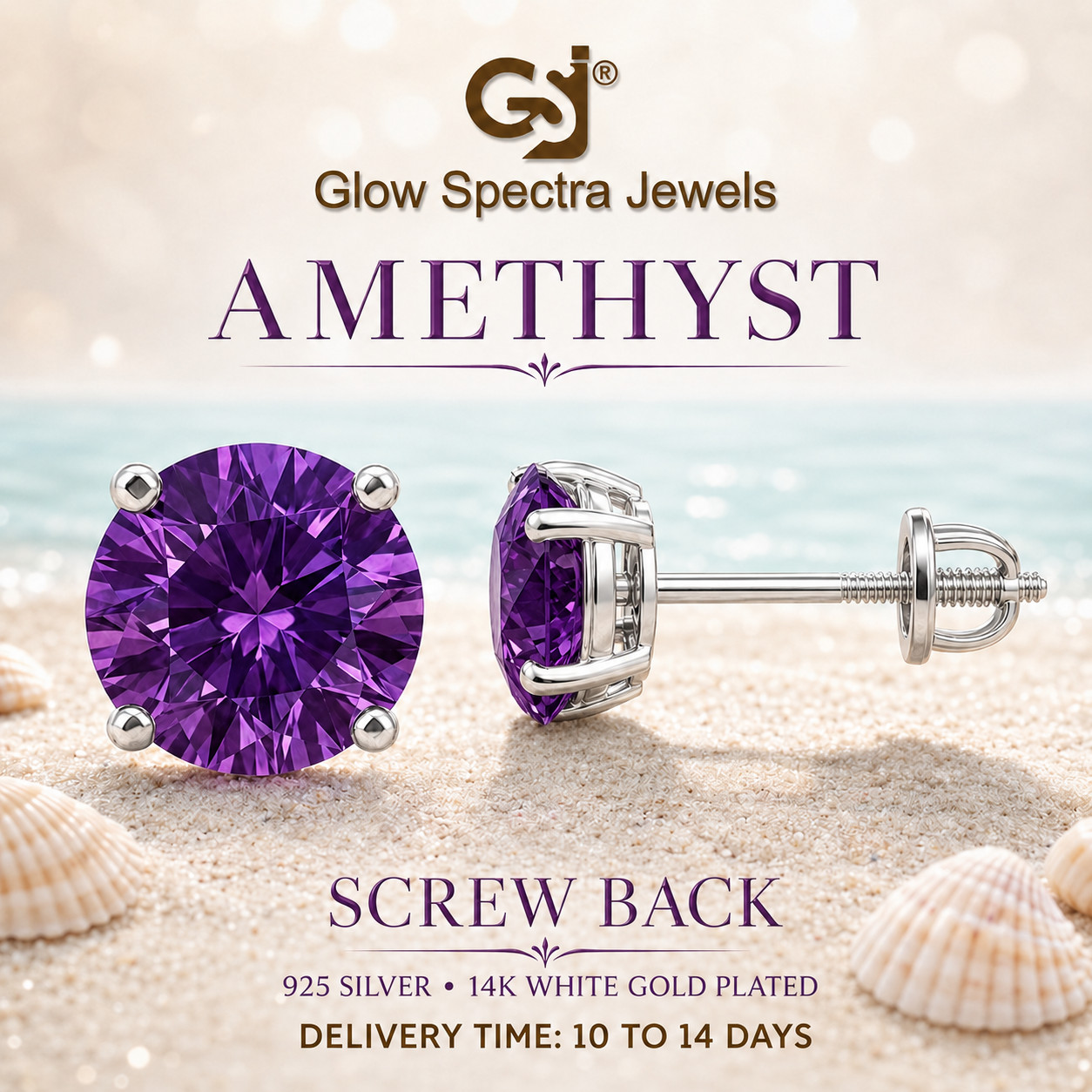 2.00CT Solitaire Purple Amethyst Stud Erring Screw Back 14k White Gold Plated