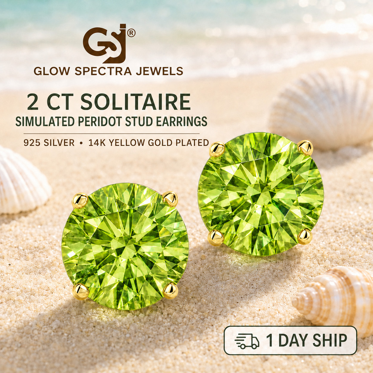 2.00CT Solitaire Green Peridot Stud Erring Screw Back 14k Yellow Gold Plated