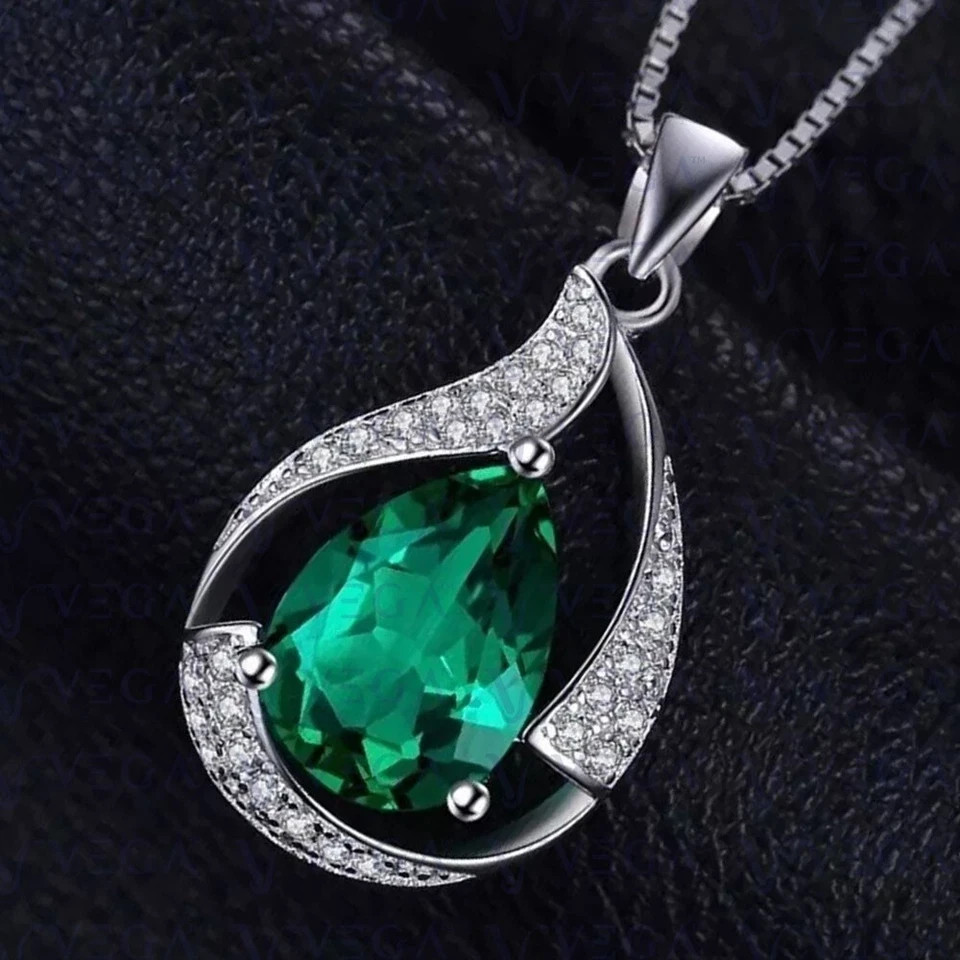 3.27 Ct Pear Cut Emerald Pendant Wedding Pendant 14k White Gold