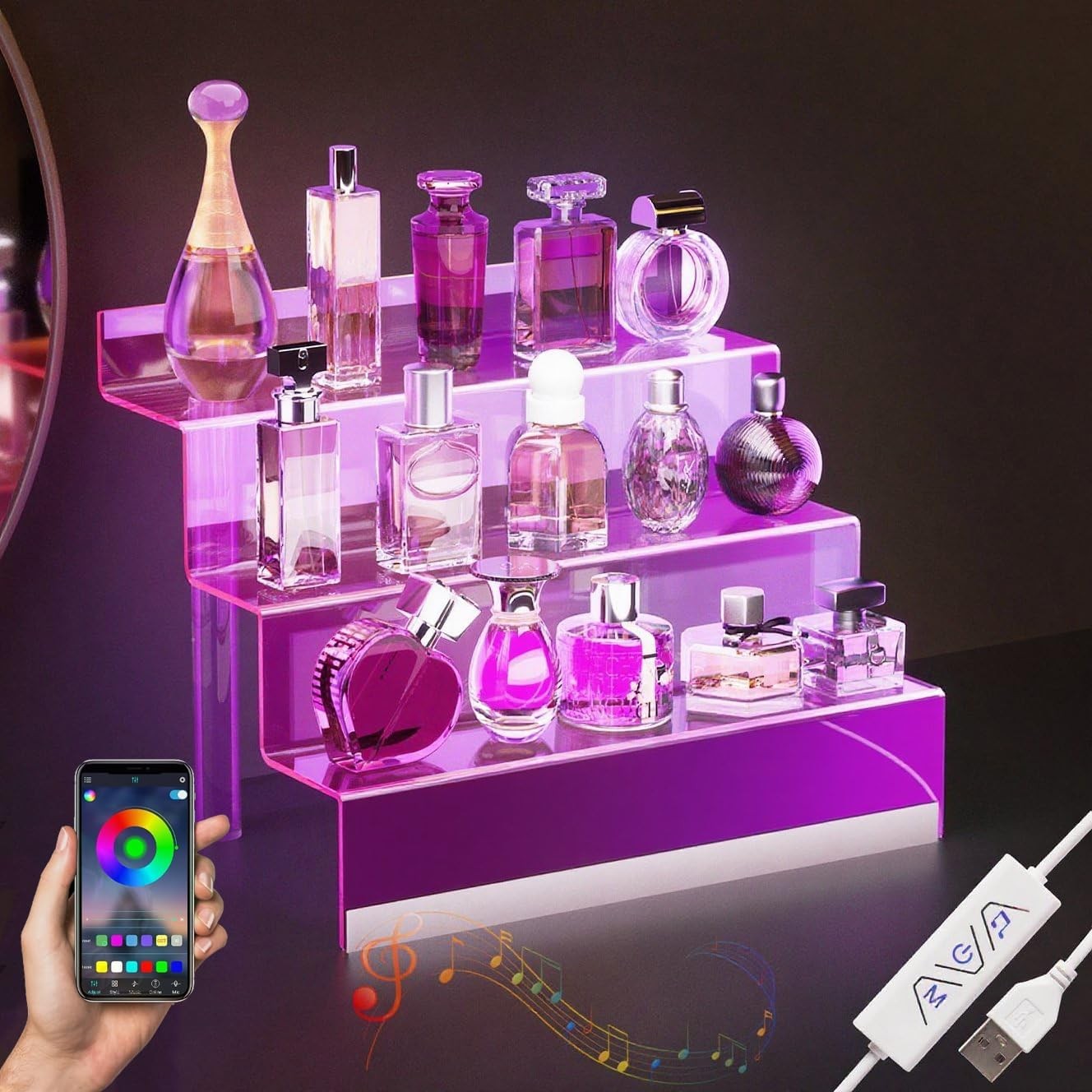 12” Acrylic Display Organizer with LED Light – 3 Tier Perfume Stand