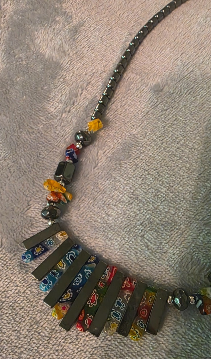 18 inch Bib Style Statement Necklace, Gunmetal stones and colorful Italian Glass