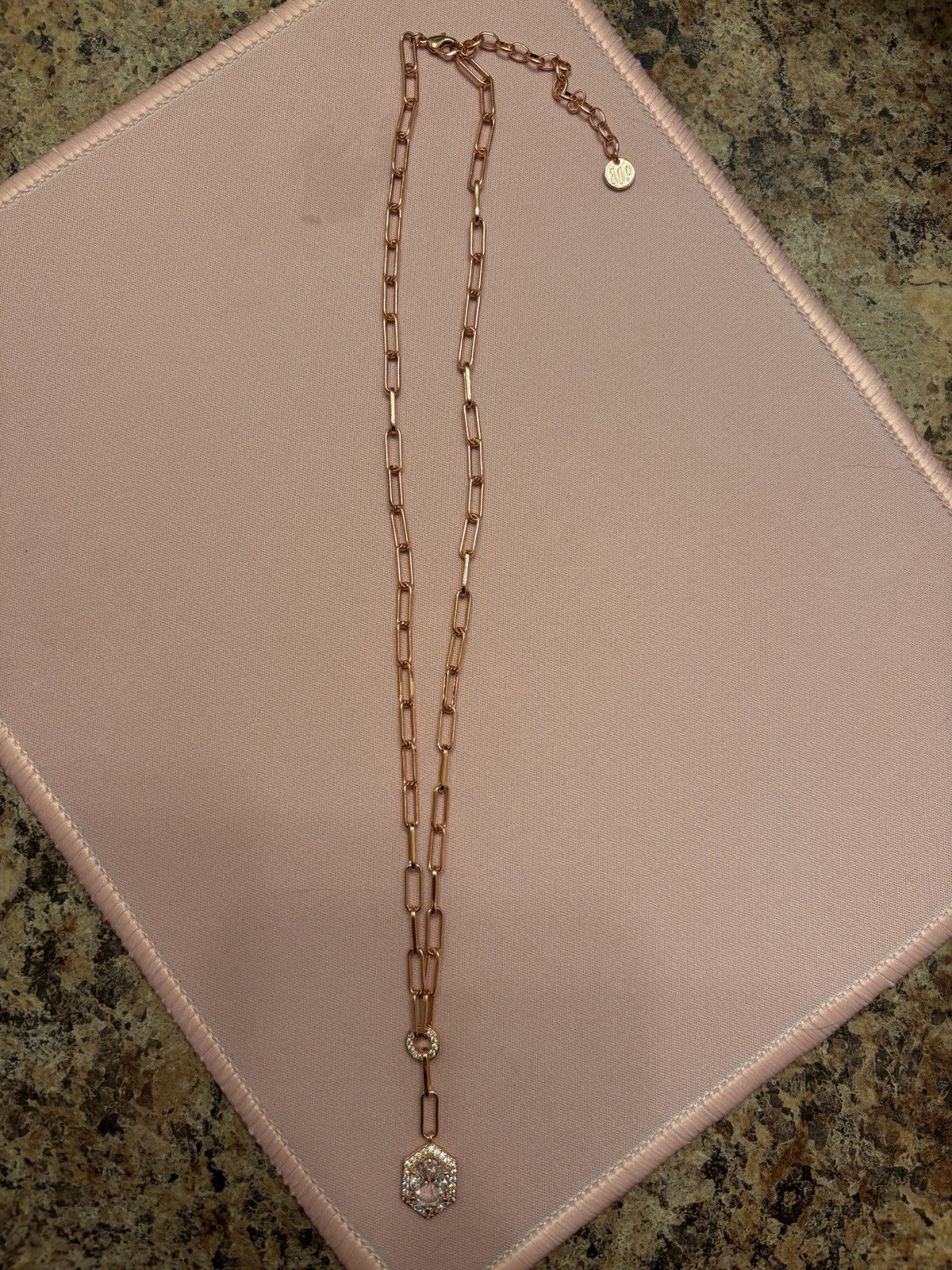 Bomb Party Rose Gold Plated Link Chain Necklace CZ Halo Hexagon Charm