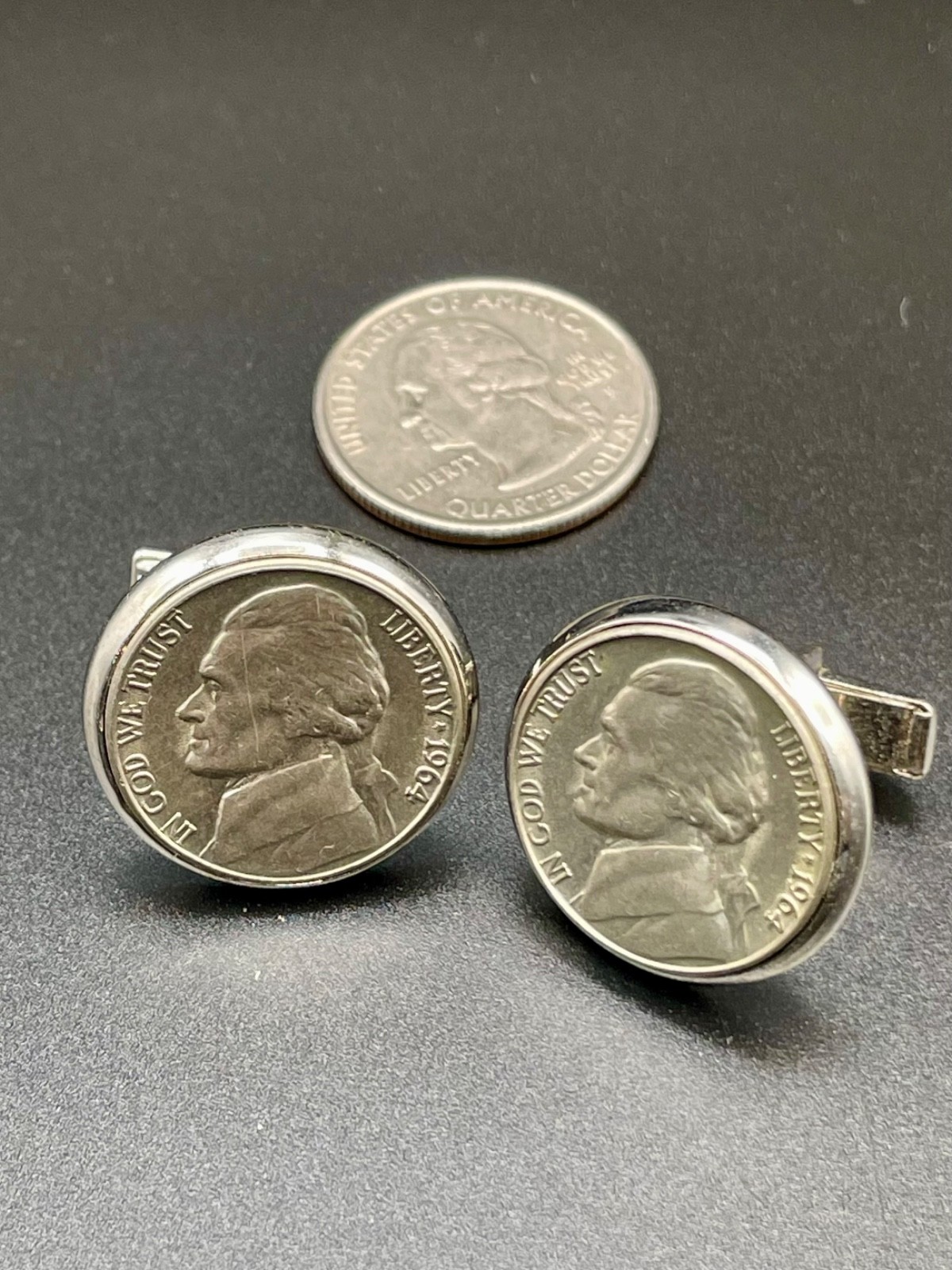 Vintage 1964 Jefferson Nickel Coin Cufflinks Silver Tone Bezel Set US Currency