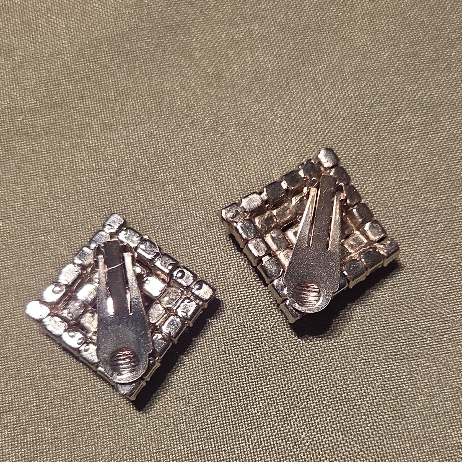 Square Clear Crystal Rhinestone Pavé Clip-On Stud Earrings Silver Tone Pair