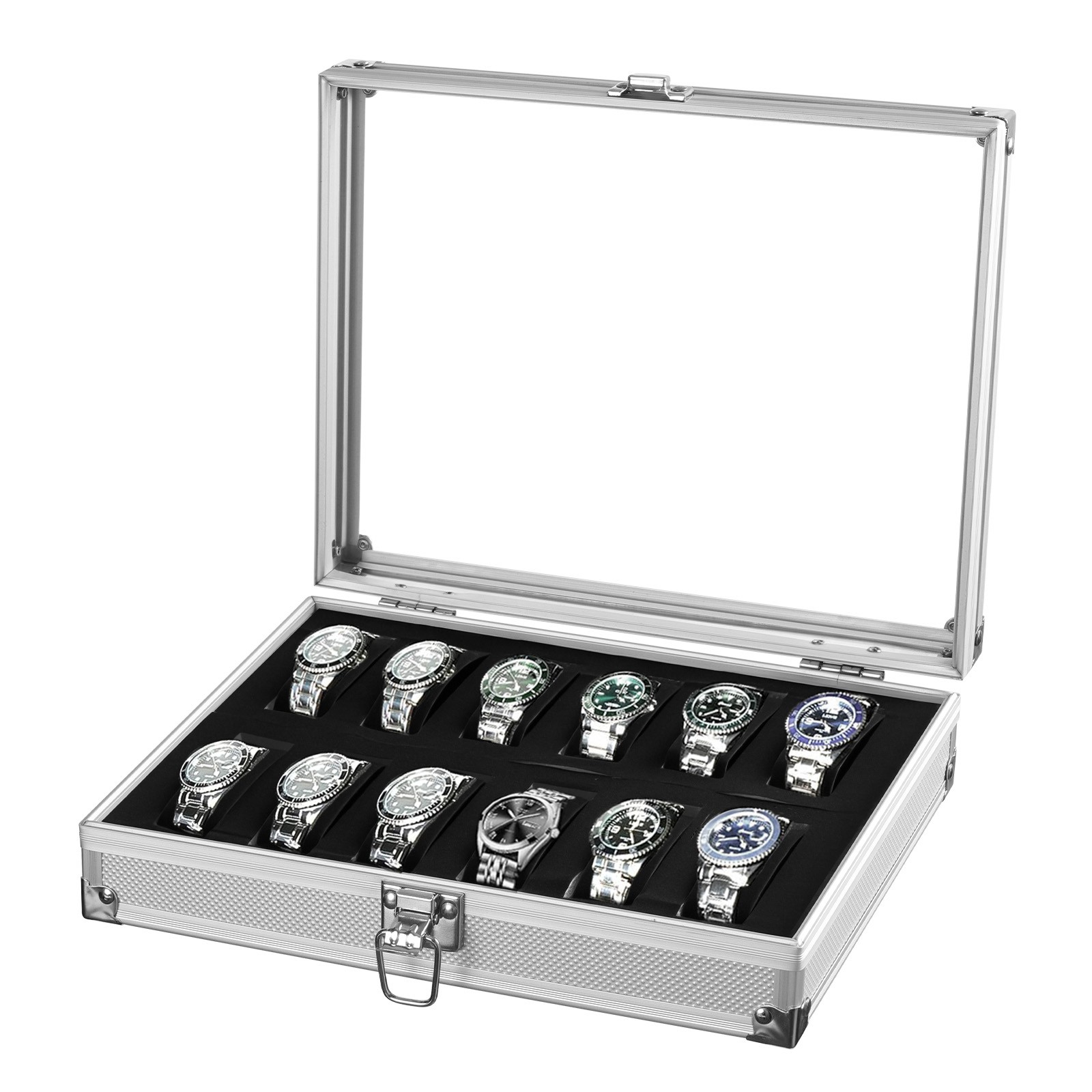 Lockable Aluminum Watch Display Case 12 Slot Watch Jewelry Storage Showing Box