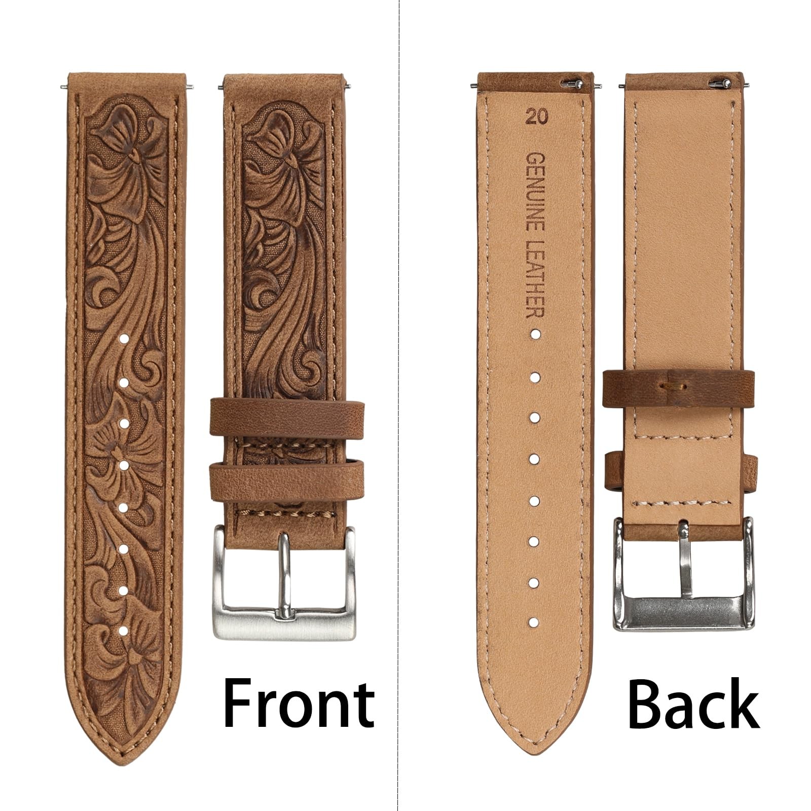20mm Leather Watch Bands, Western Retro Embossed Leather Bands Compatible wit…