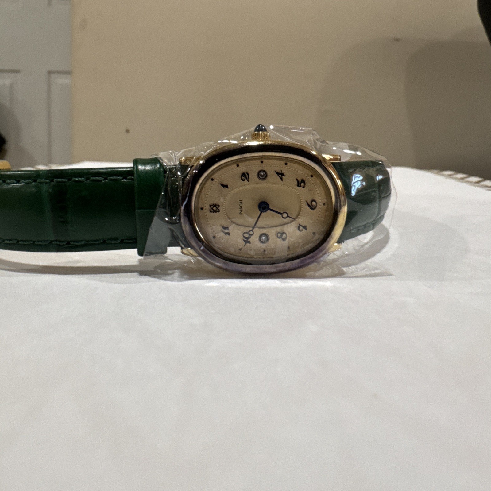 PASCAL Women’s Quartz Dress Watch Oval Gold Tone Beige Arabic Green Leather