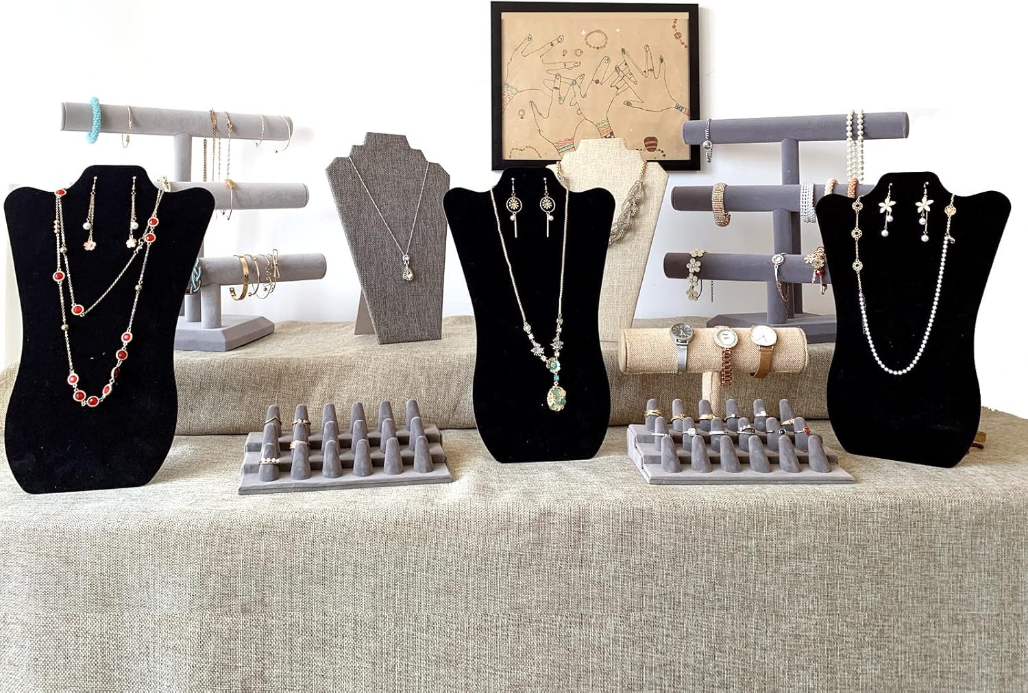 14 Inch Tall Black Velvet Necklace & Earing Display Stands for Selling, Foldable