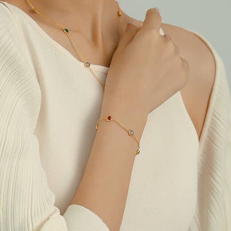 Woman 18K Gold Plated Stainless Steel Multicolor CZ Necklace Chain/Bracelet
