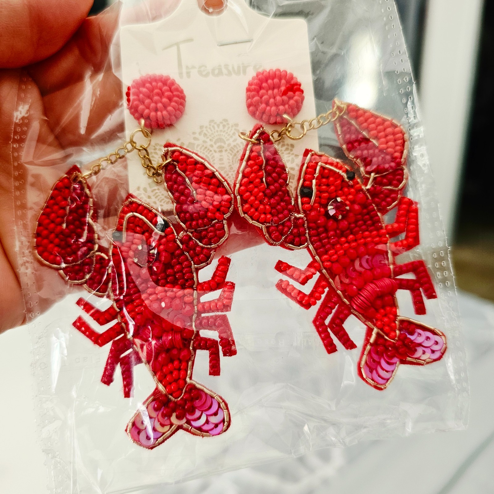 Red Beaded Lobster Earrings Crawfish Seed bead drop Earrings 3.75″ NEW