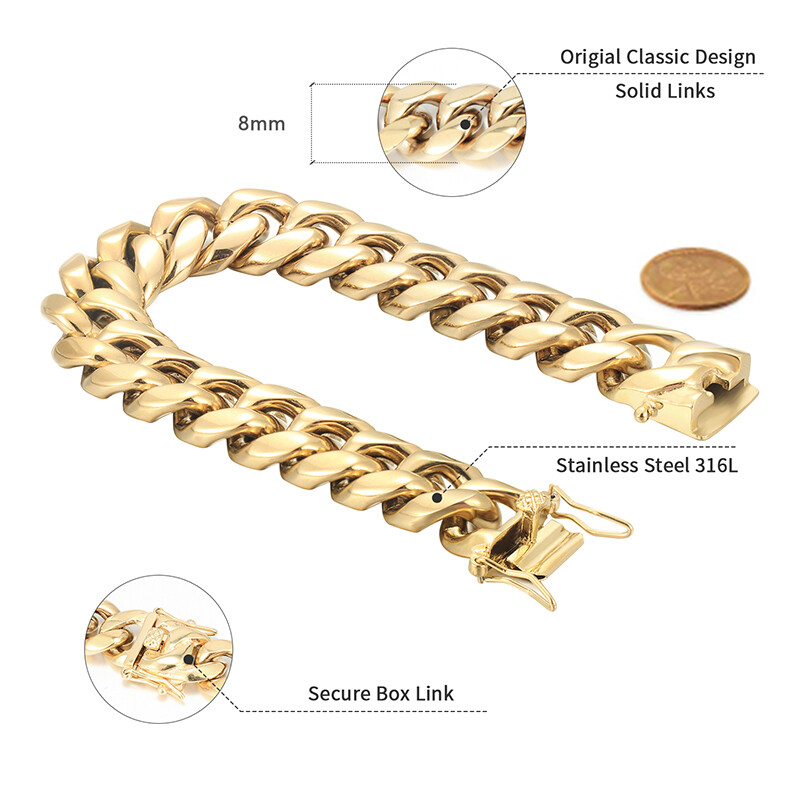 Men’s Solid Miami Cuban Link Bracelet Chain 14K 18K Gold Plated Stainless Steel