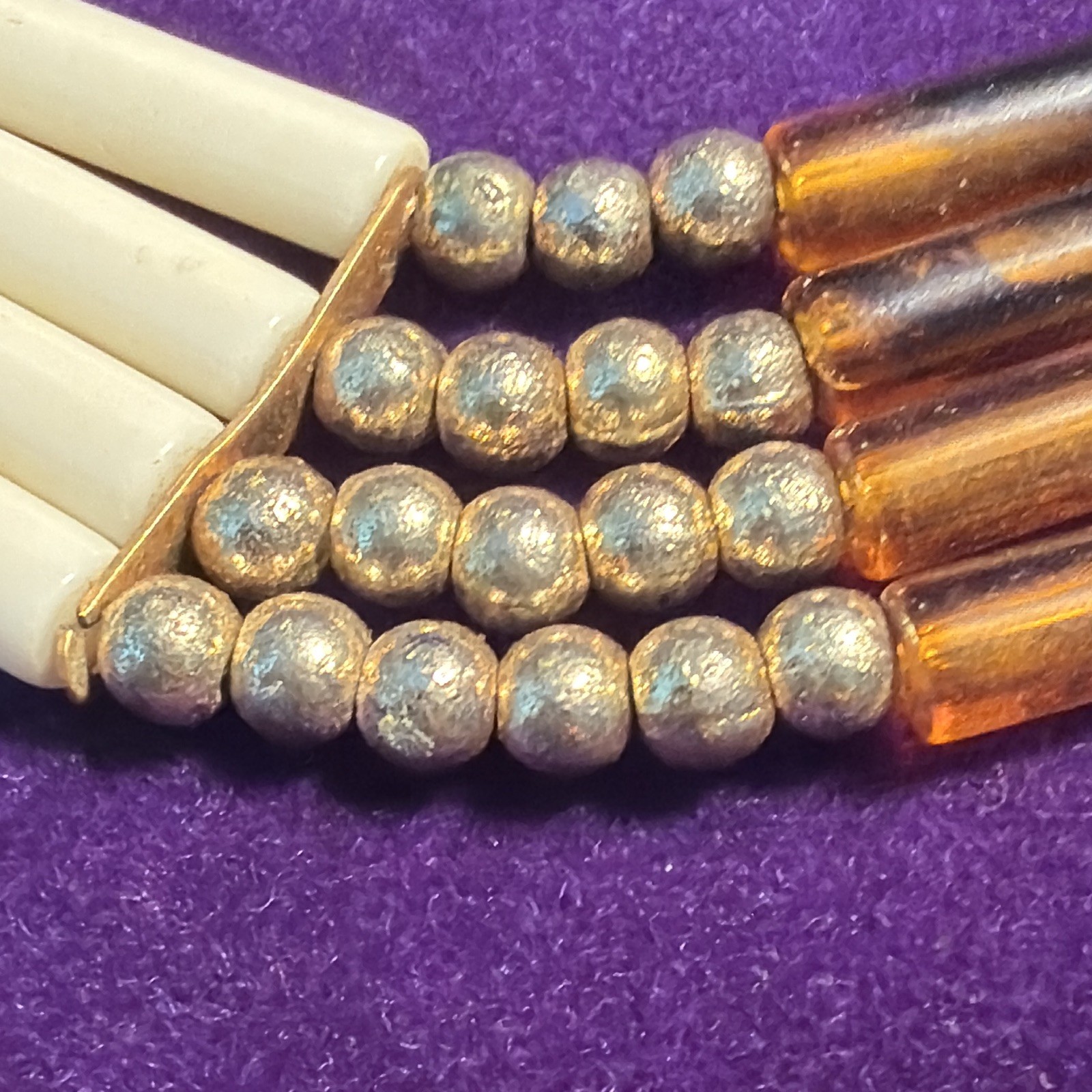 Multi-Strand Beaded Choker Necklace, White & Amber Tube Beads, Hook Closure
