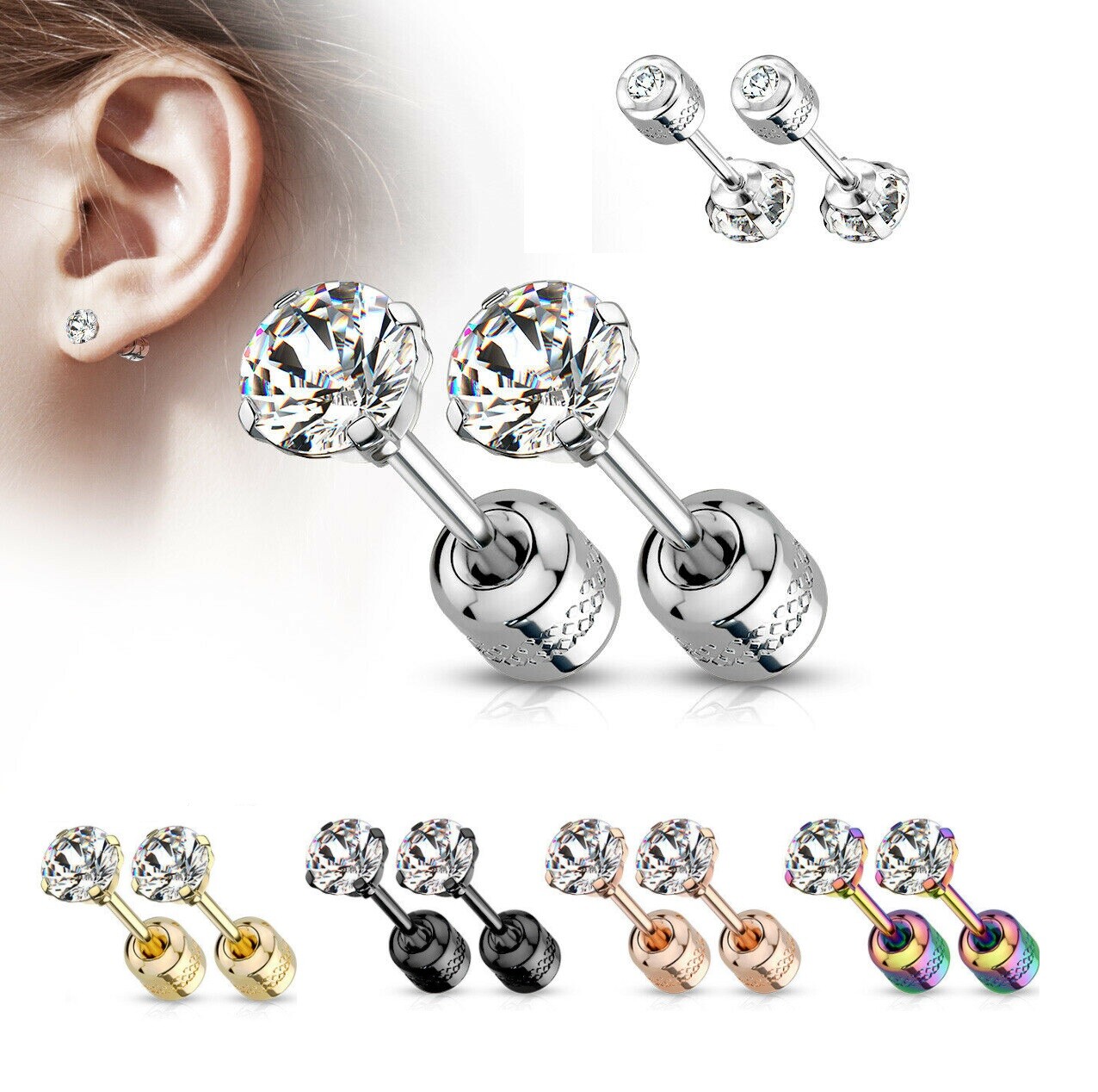 Silver Stainless Steel Round CZ Stud Earrings for Women Men Piercing Screw Back
