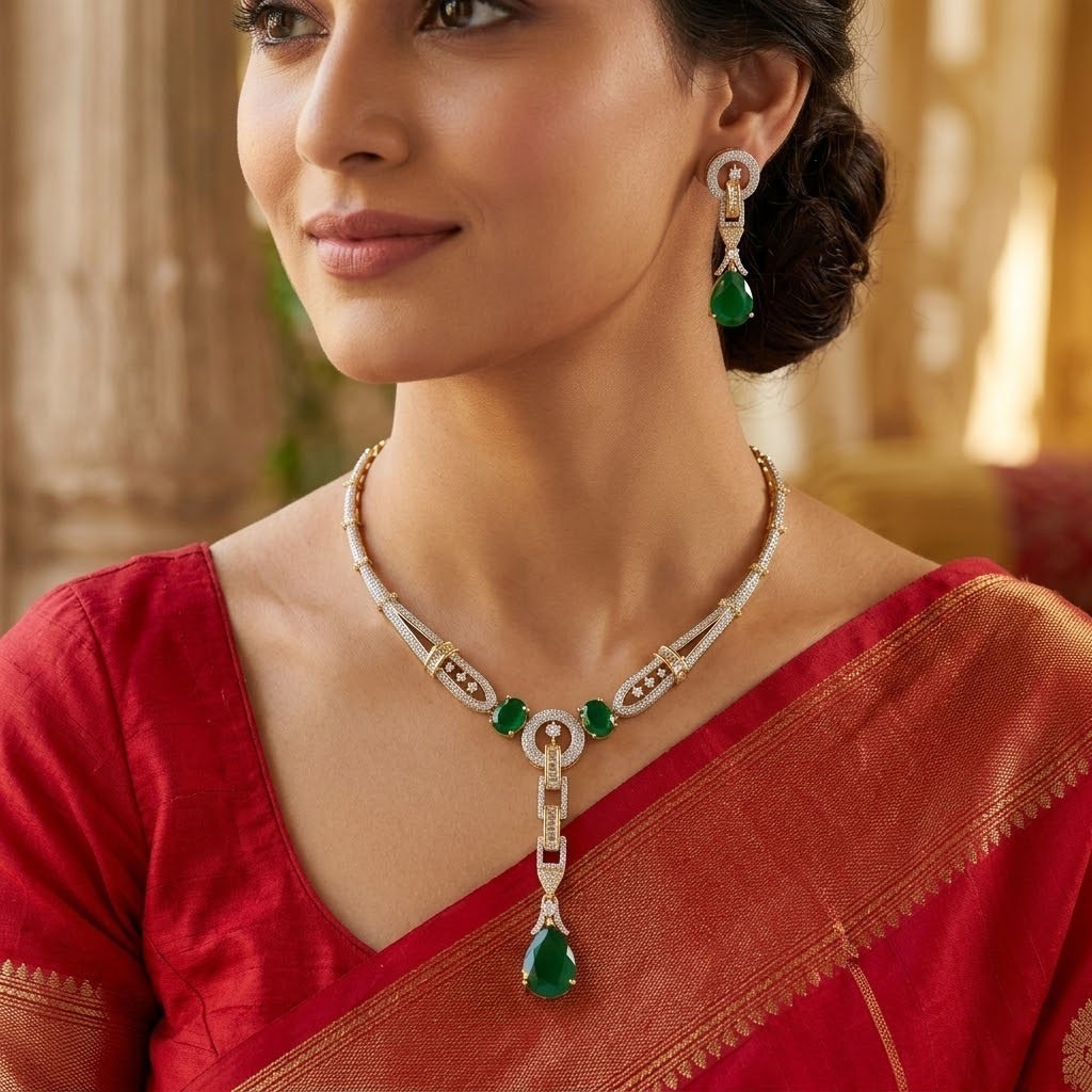 Emerald Green Crystal Pendant Necklace Earrings Set Gold Plated Bridal Jewelry