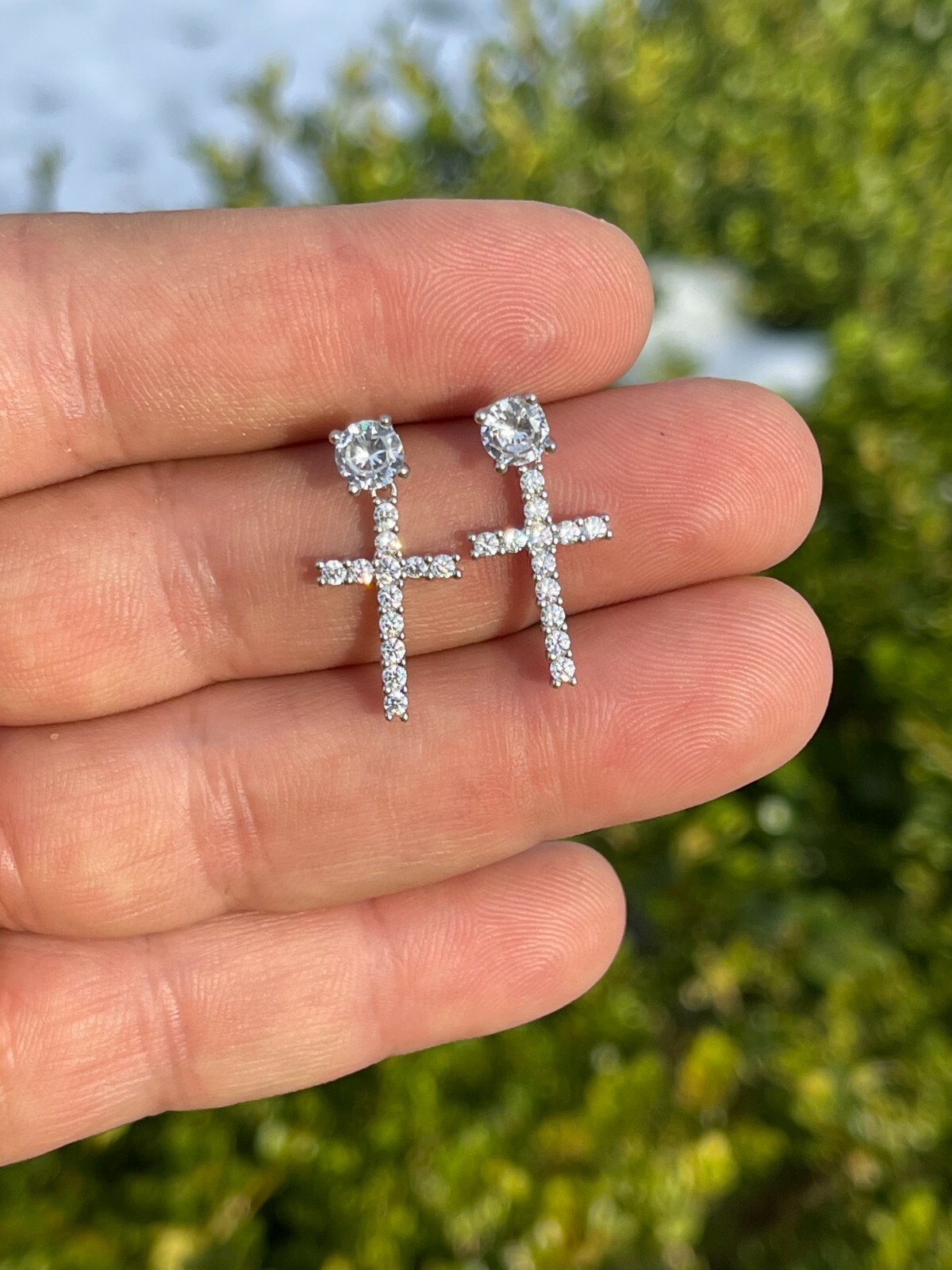 Real 925 Sterling Silver Men’s Ladies Dangle Cross Studs Earrings Iced CZ