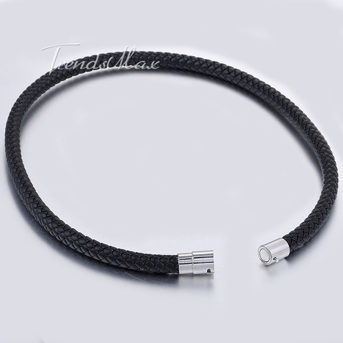 4/6/8MM Mens Black Braided Cord Rope Leather Necklace Choker w/ Magnetic Clasp