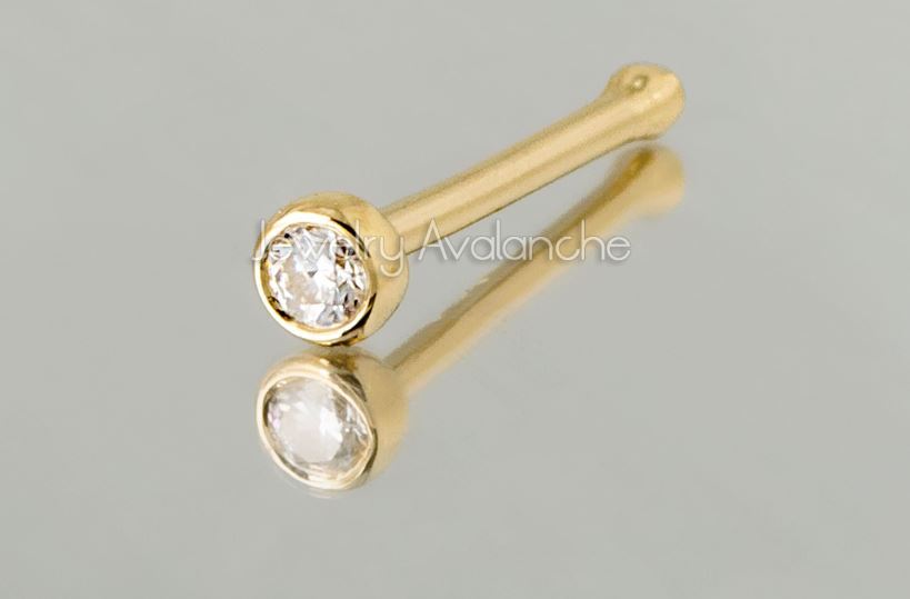 Solid 14kt White / Yellow Gold 22G Nose Bone Stud with Bezel Set Moissanite