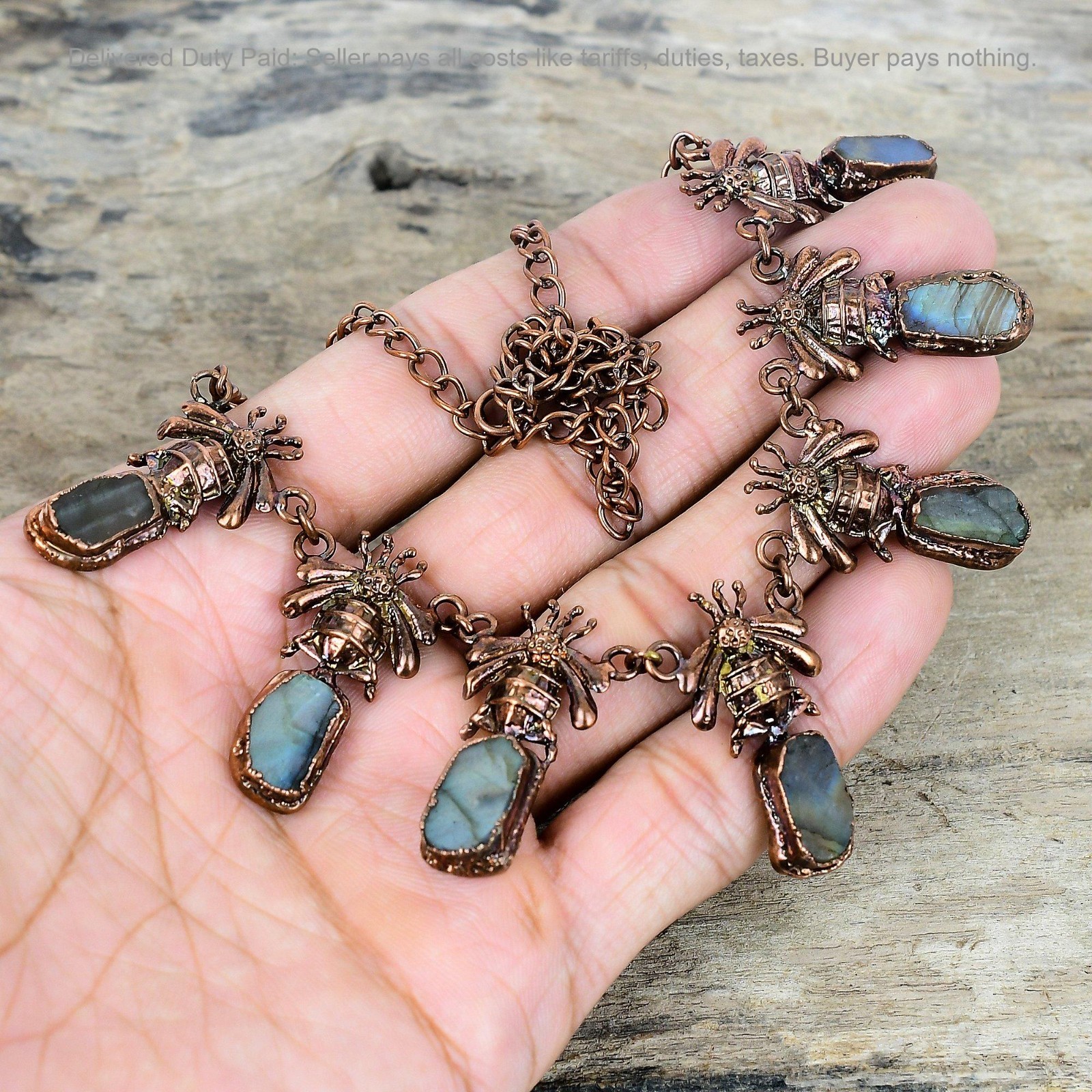 Copper Natural Labradorite Rough Chain Electroformed And Honey Bee Wife Necklace