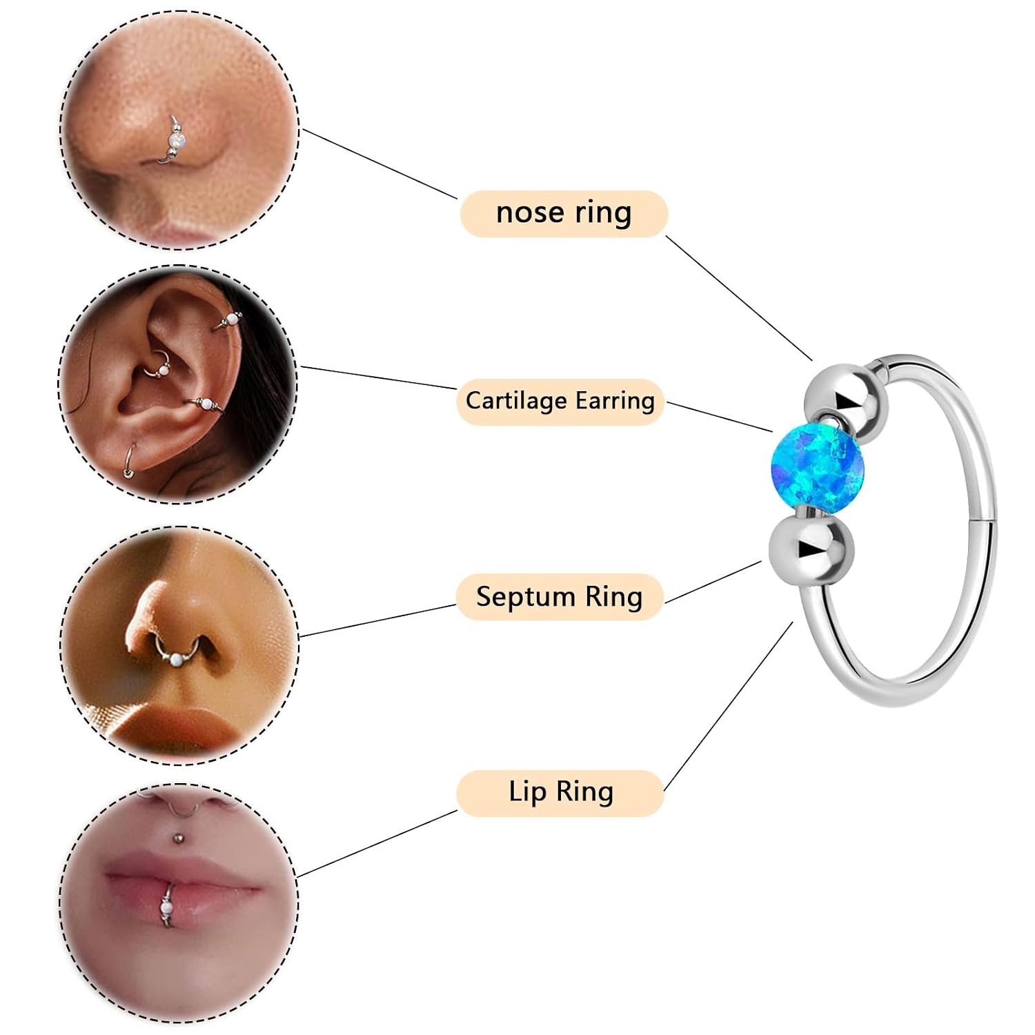 Thiswhyimbeauty 2PCS 18g Opal Nose Rings for Women Nose Hoops 8mm/10mm Hypoaller