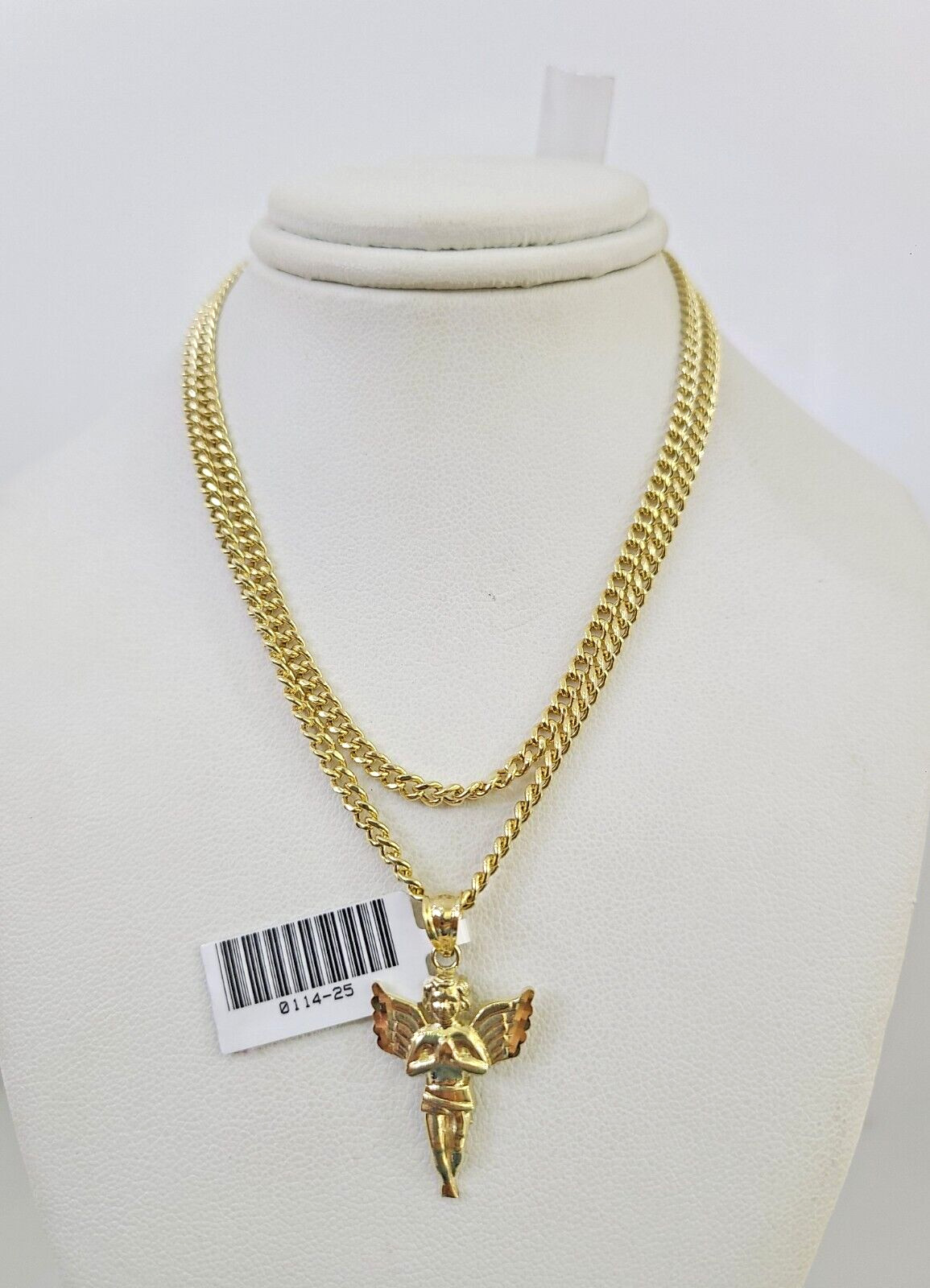 10k Gold Miami Cuban Chain Praying Angel Charm Pendant 3mm 18-28in Necklace Set