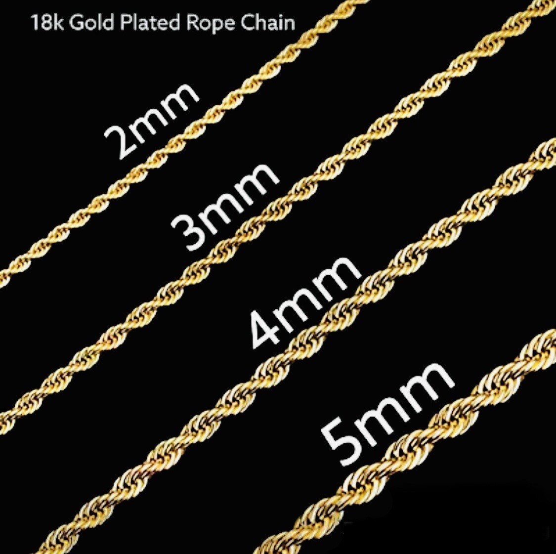 18K Gold Plated Rope Chain Necklace 3/4/5mm 20-30″ Mens Women’s