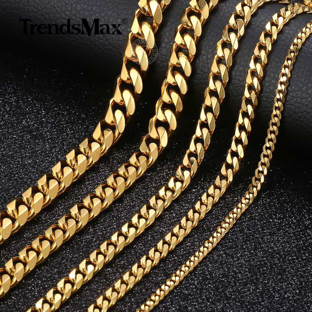 3/5/7/9/11mm Gold Plated Stainless Steel Curb Cuban Chain Necklace/Bracelet Men