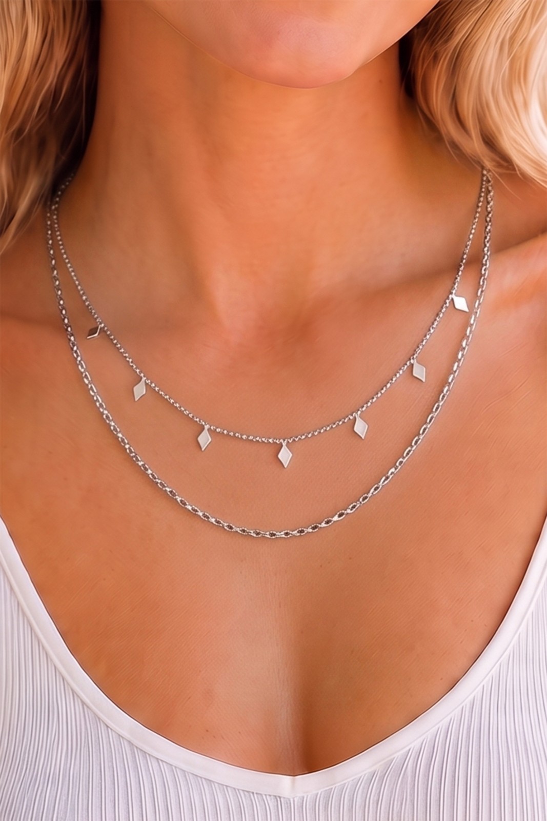 Stainless Steel 18K White Gold Plated Layered Diamond Charm Choker Necklace