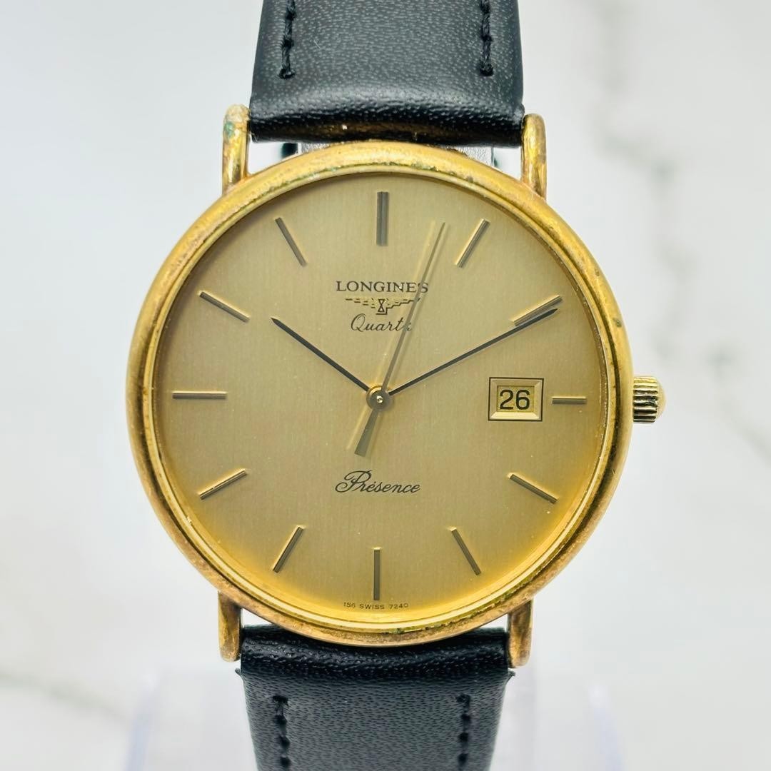 Longines Presence 7240 Vintage Men Watch Quartz Gold Dial 34mm New Battery Japan