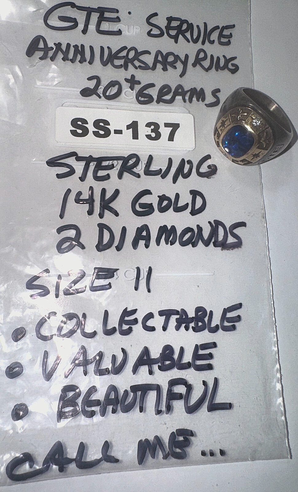 GTE Service Ring: Sterling & 14K Gold w/2 Diamonds & Blue Stone Very Cool SS-137