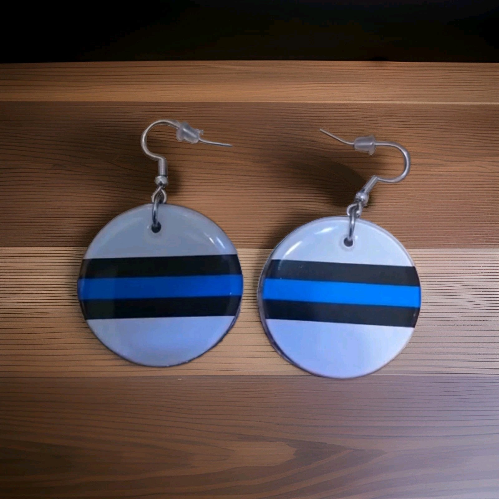 Round White Blue Black Stripe Resin, 925 Sterling Silver Hook Earrings.