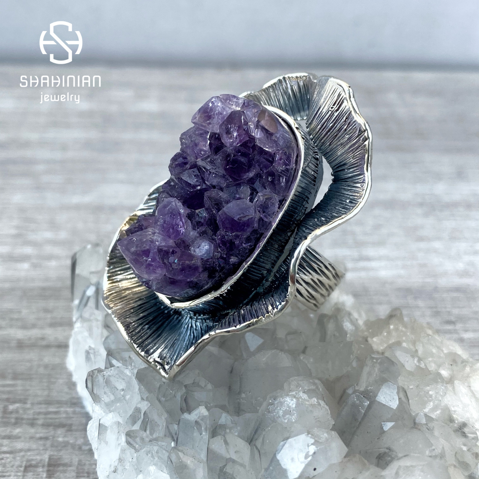 Big flower Raw Amethyst Ring Sterling Silver Purple Druzy large ring, Armenia
